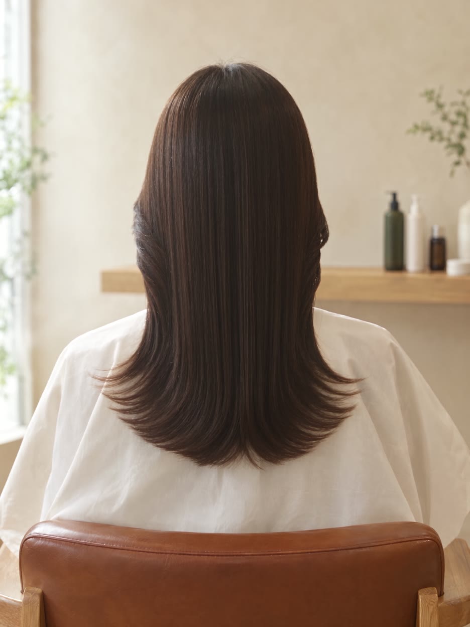 自然な艶とまとまりを見せるロングヘアの後ろ姿。