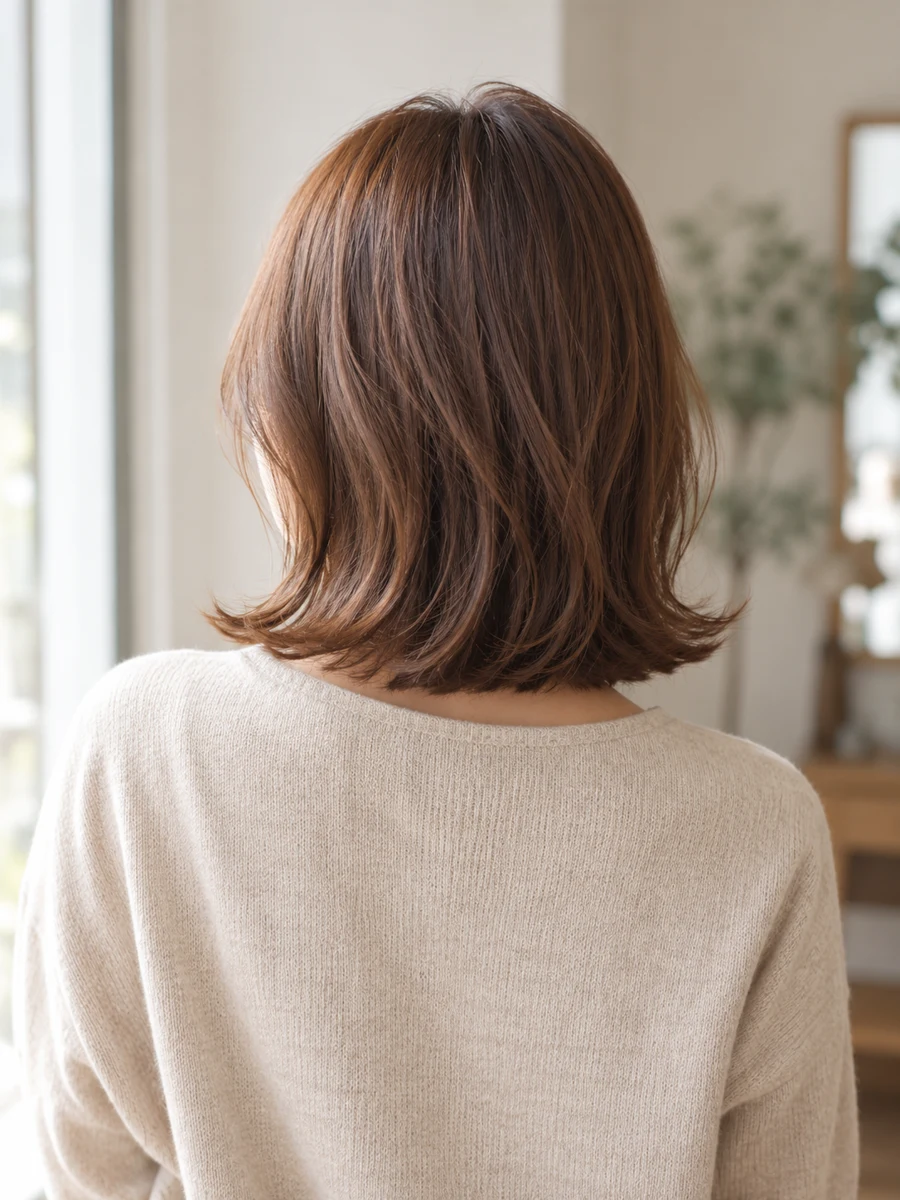 肩に触れる長さで毛先を外にはねさせた、ブラウンのロブヘア。