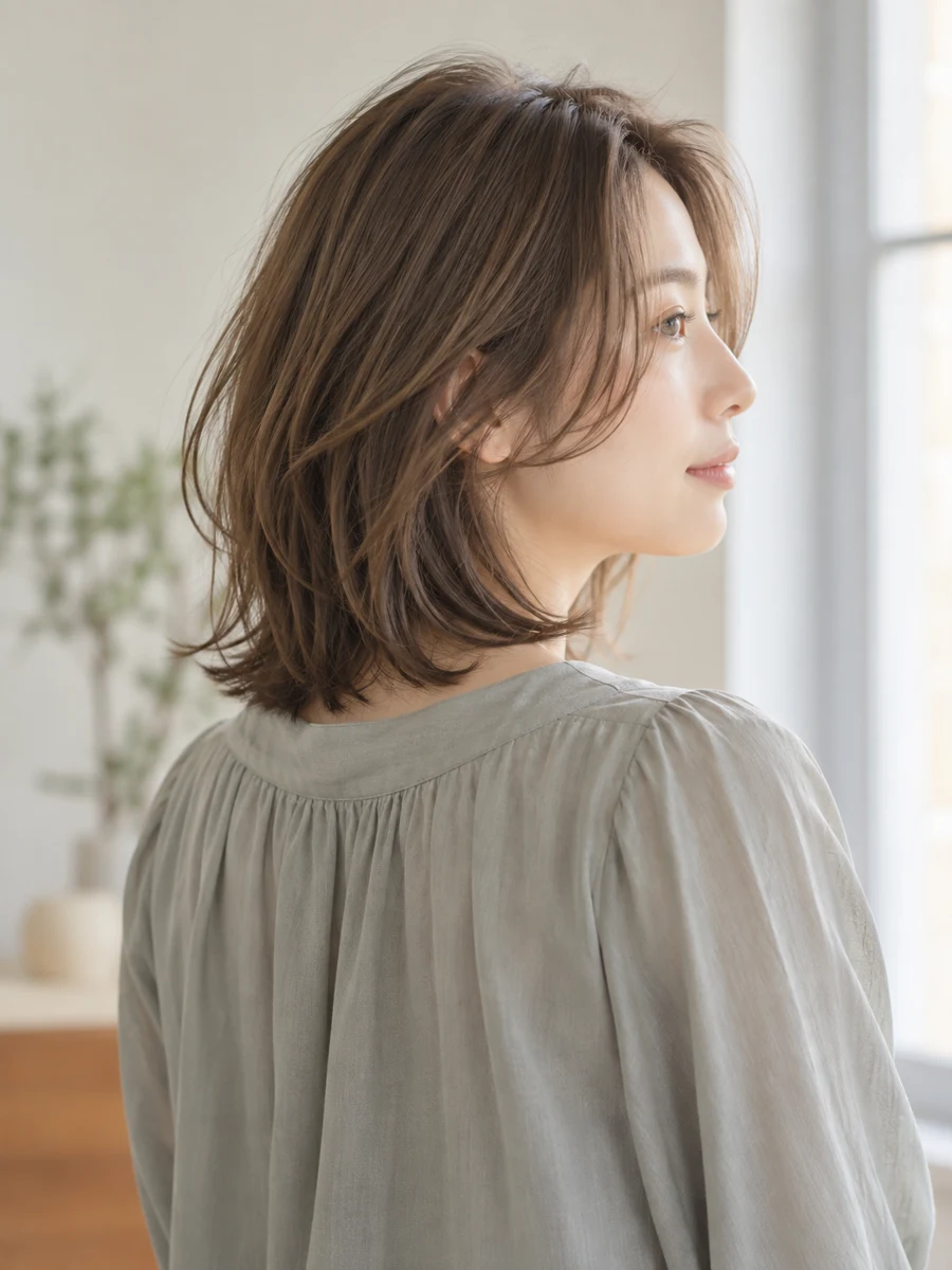 肩まわりのレイヤーとやわらかな毛流れが見えるミディアムヘア。