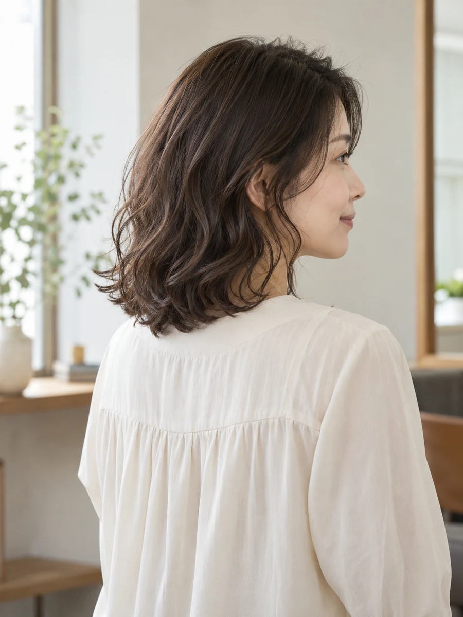 肩までの髪にゆるやかなウェーブをつけたパーマスタイル。