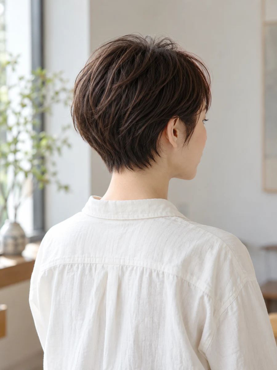 襟足をすっきり整えた、丸みのあるショートヘアの後ろ姿。